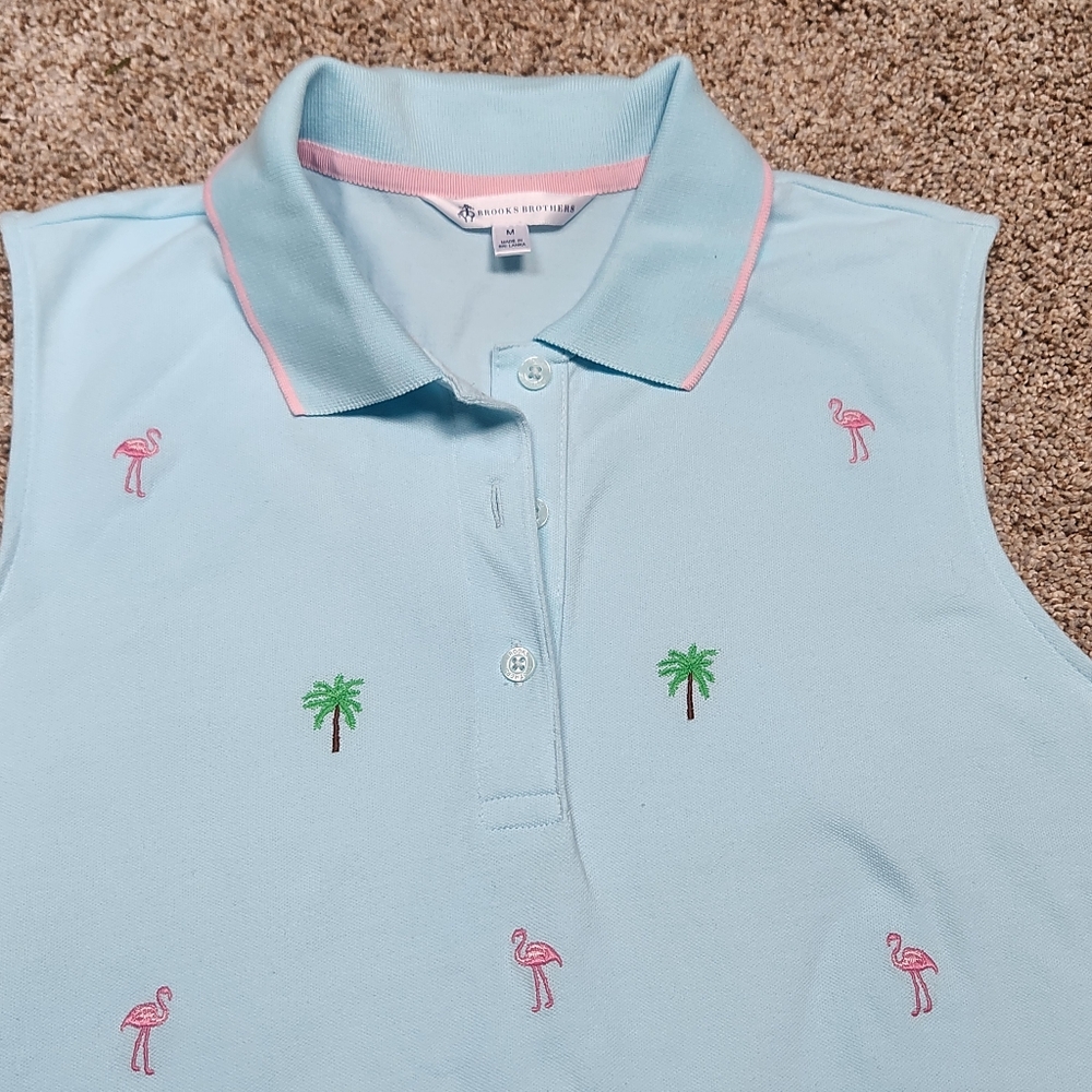 Light Blue Sleeveless Polo with Pink Flamingos and Green Palm Trees Size M - Picture 10 of 12